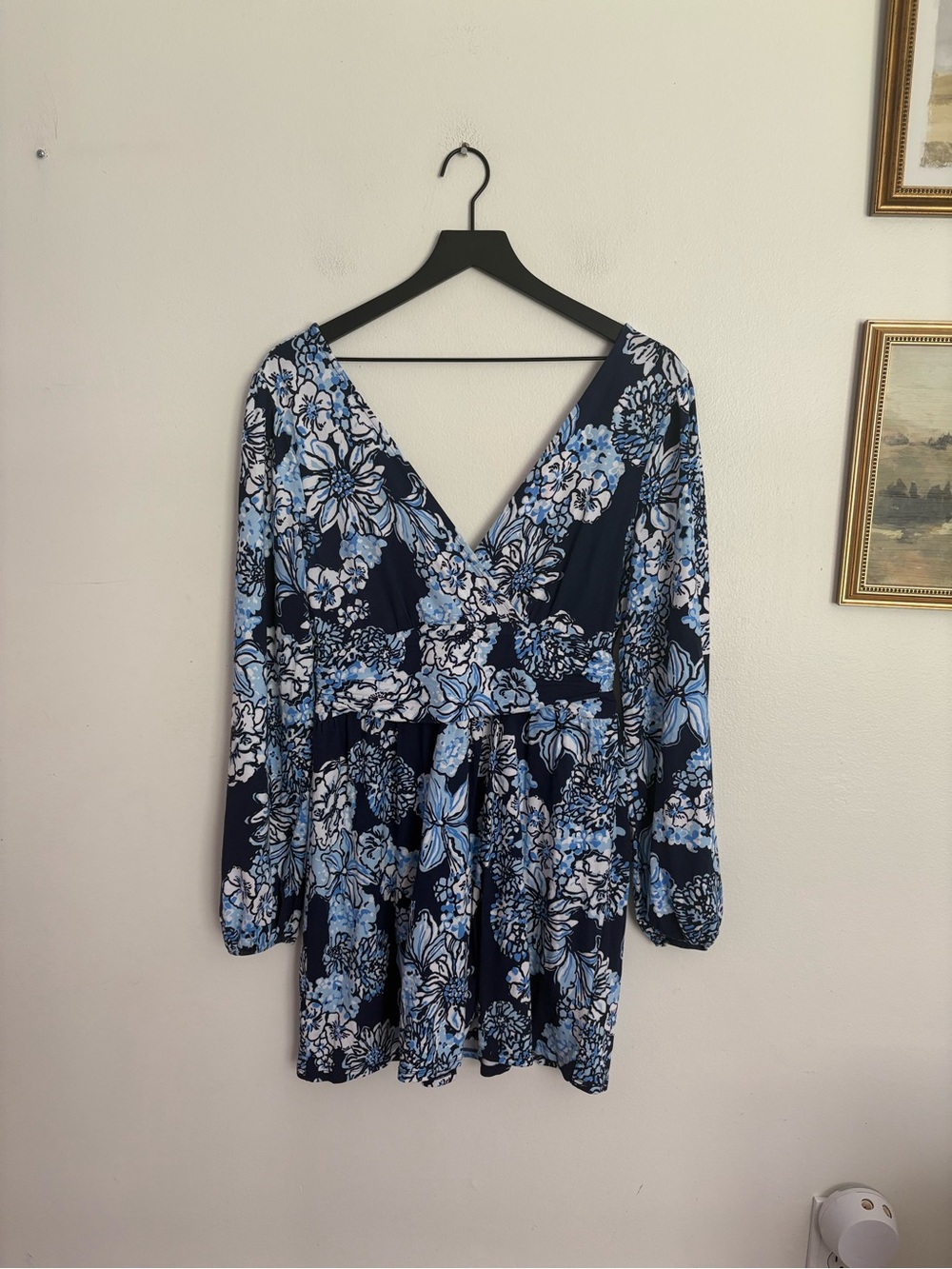 Lilly Pulitzer Riza Long Sleeve Romper Low Tide Navy Bouquet Womens Medium